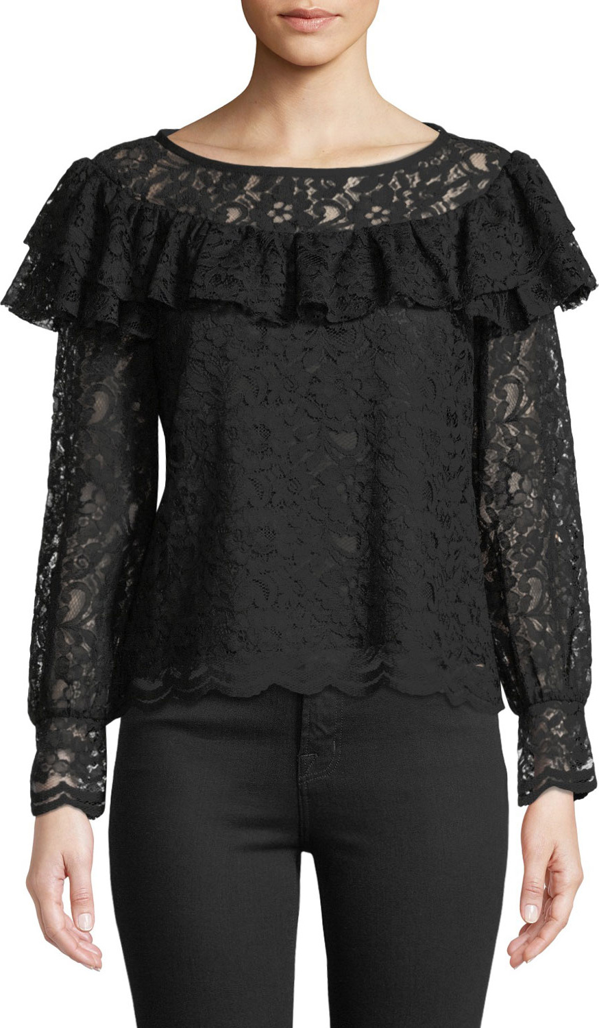 Rebecca Taylor Long-Sleeve Lace Ruffle Top