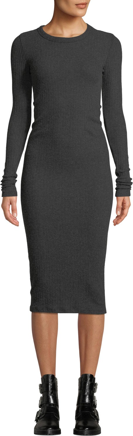 ENZA COSTA Ribbed Keyhole-Back Long-Sleeve Midi Dress