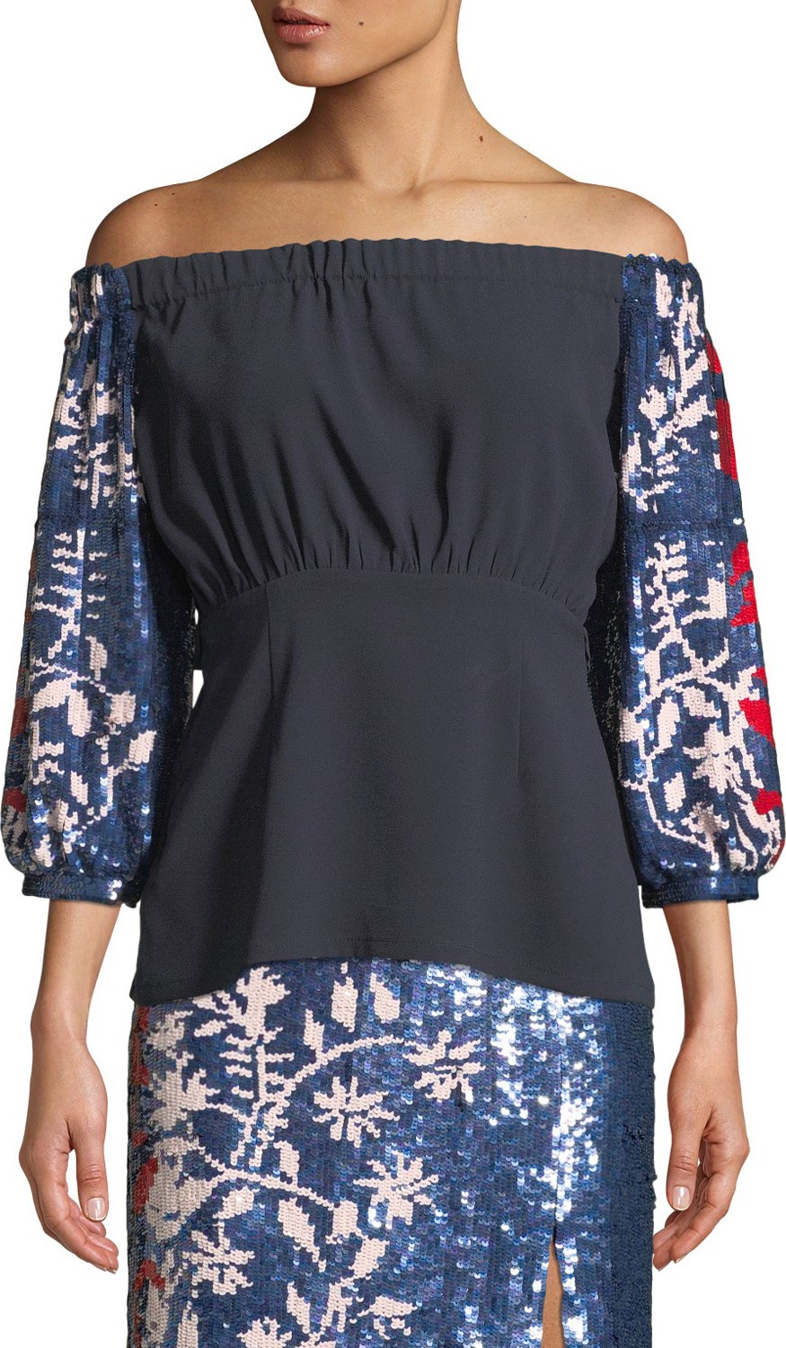 Tanya Taylor Nina Sequin-Sleeve Off-the-Shoulder Top