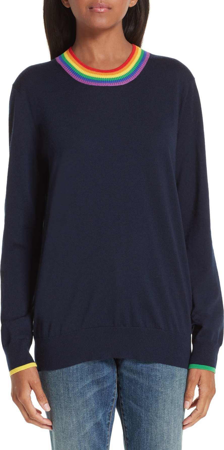 Burberry London England Dales Rainbow Trim Merino Wool Sweater