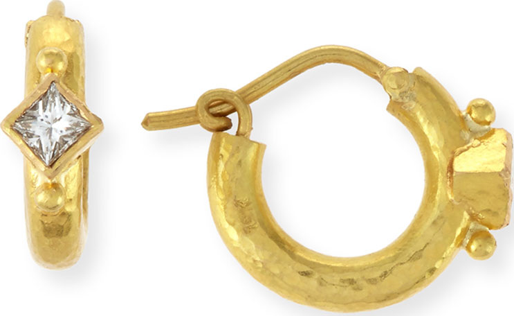 Elizabeth Locke 19K Baby Hammered Hoop Earrings with Princess-Cut Diamonds