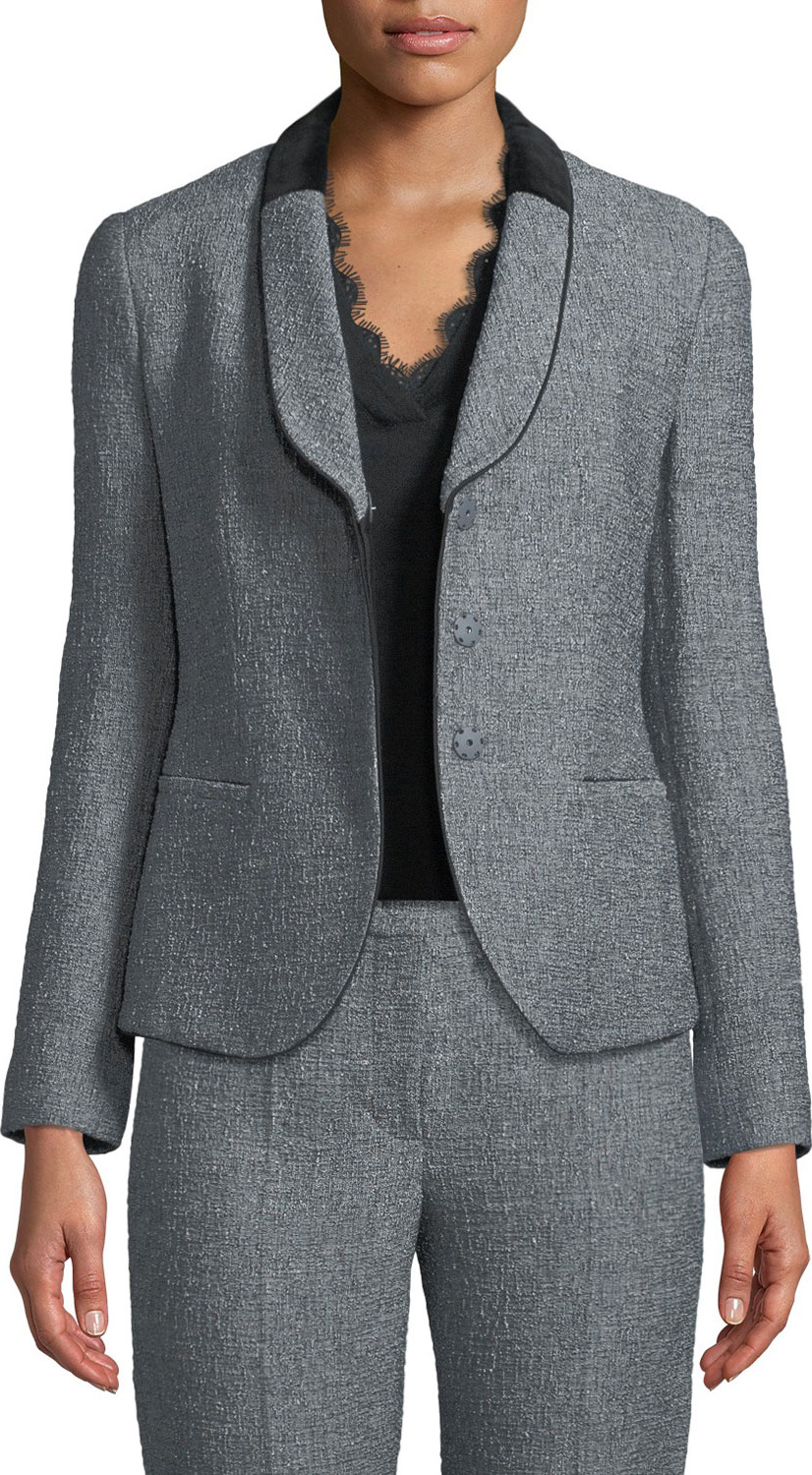 Emporio Armani Single-Breasted Shawl-Collar Tweed Jacket w/ Velvet Half Collar