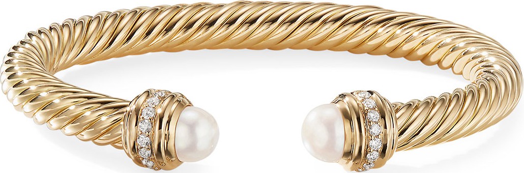 David Yurman 18k Gold Cable Bracelet w/ Diamonds & Pearls, 7mm, Size L