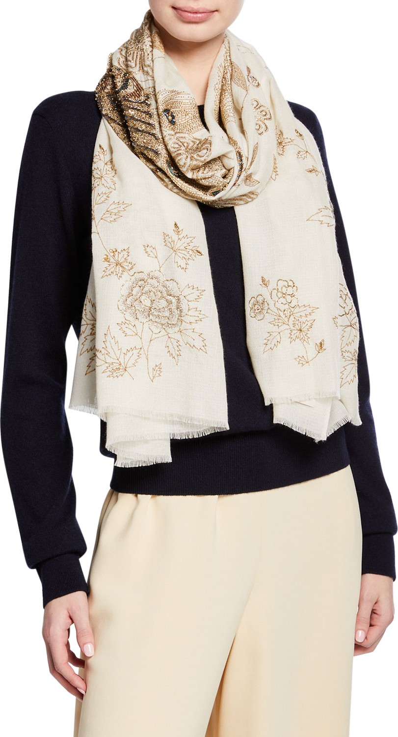 K Janavi Peacock Embroidered Cashmere Scarf