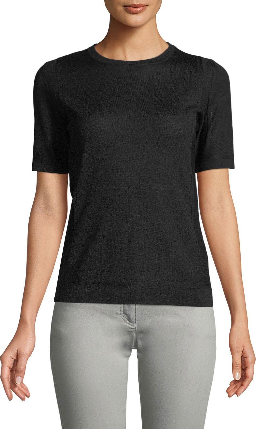 Escada Crewneck Short-Sleeve Pullover Pointelle Top