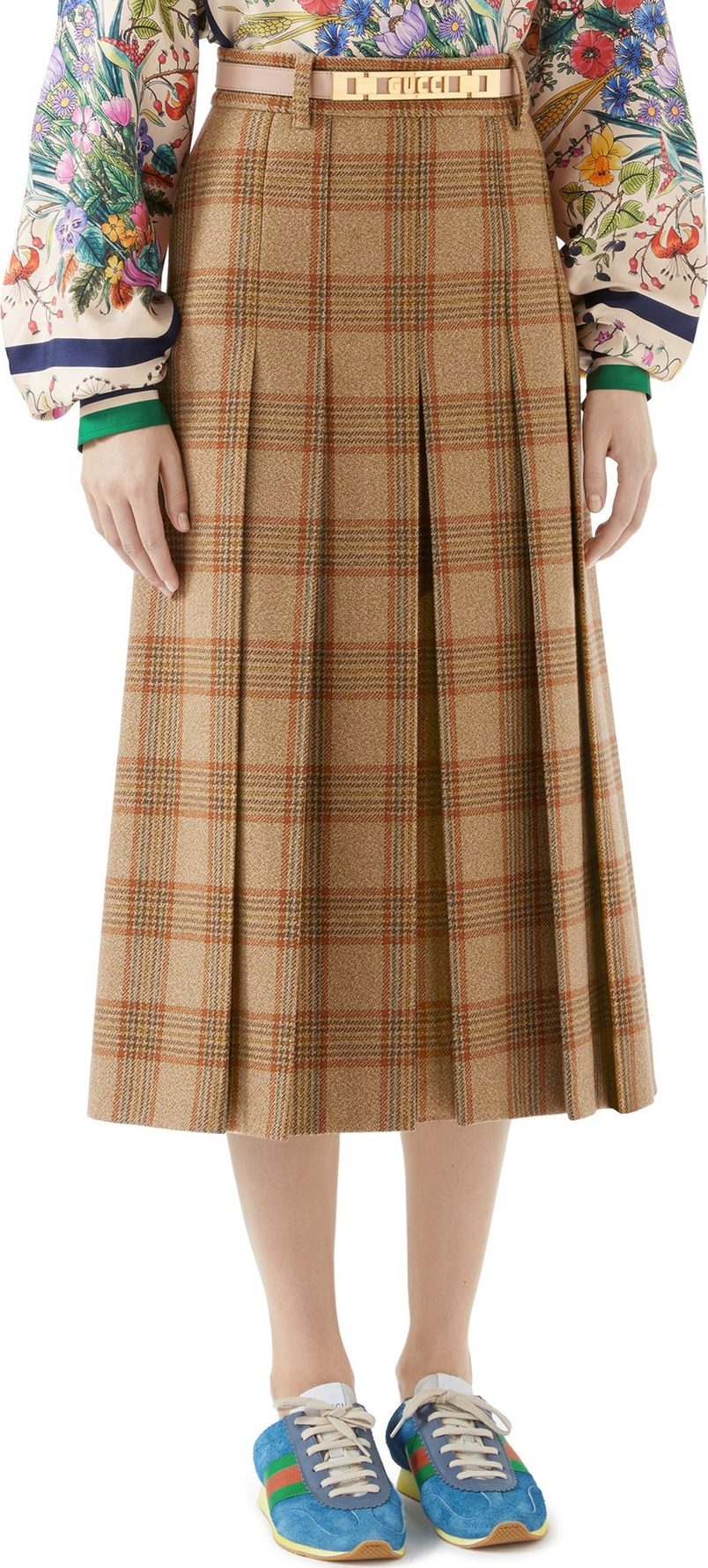 Gucci Logo Belt Plaid Midi Skirt