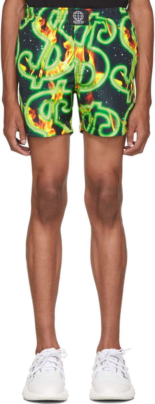 SSS World Corp Black & Green Fire Dollar Shorts