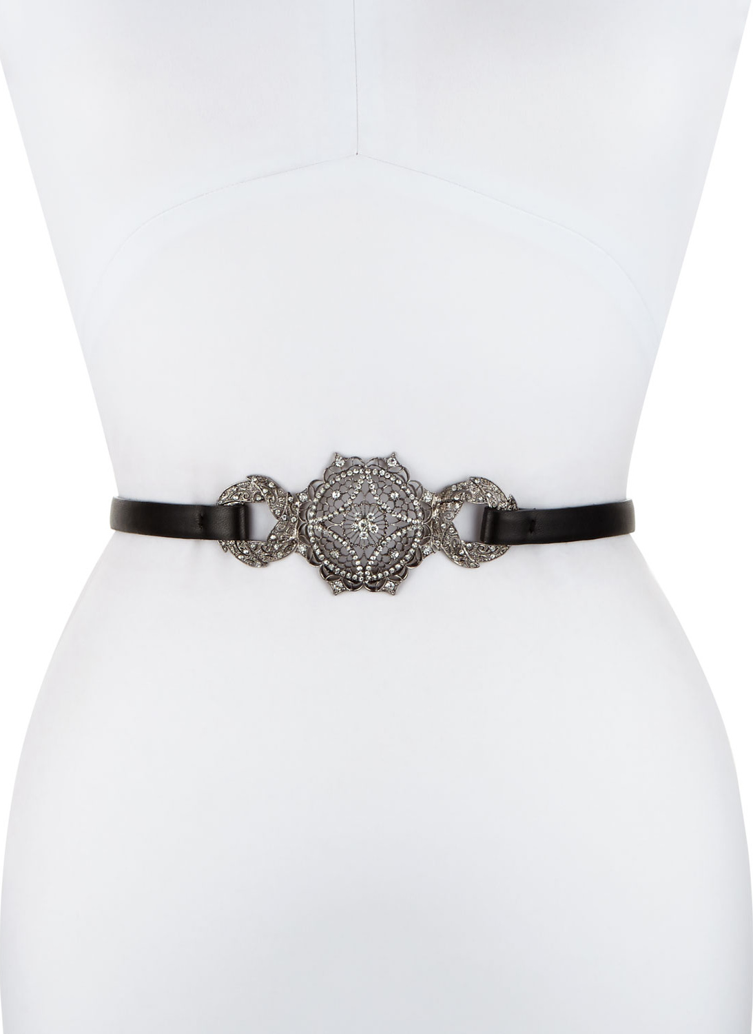 Deborah Drattell Rosalinda Leather Art Deco Belt, Black/Silver