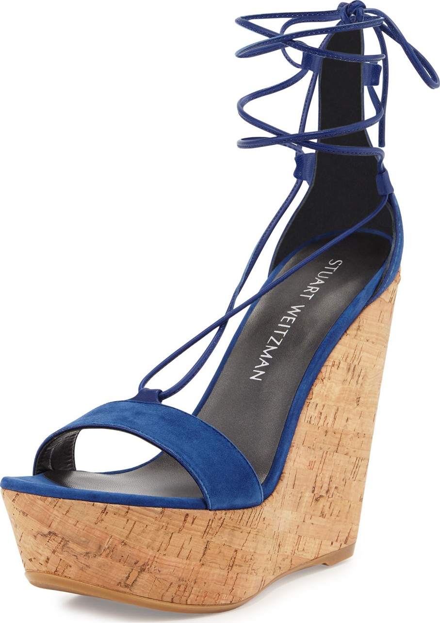 Stuart Weitzman Wrap It Suede Lace-Up Wedge Sandals