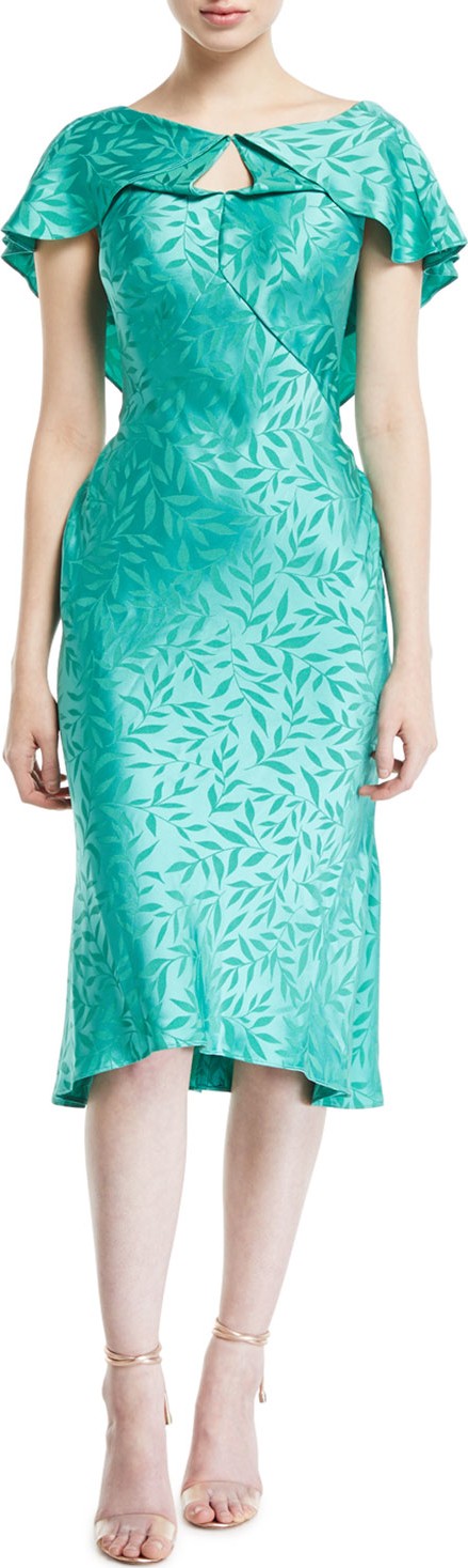 Zac Posen Leaf-Jacquard Crepe Ruffled-Capelet Dress