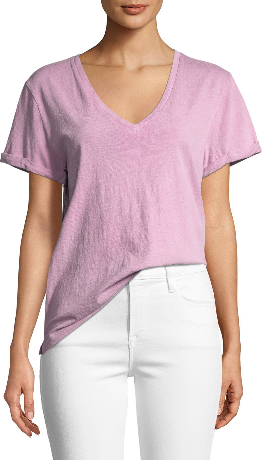 FRAME DENIM Deep-V Cuffed Short-Sleeve Cotton Tee