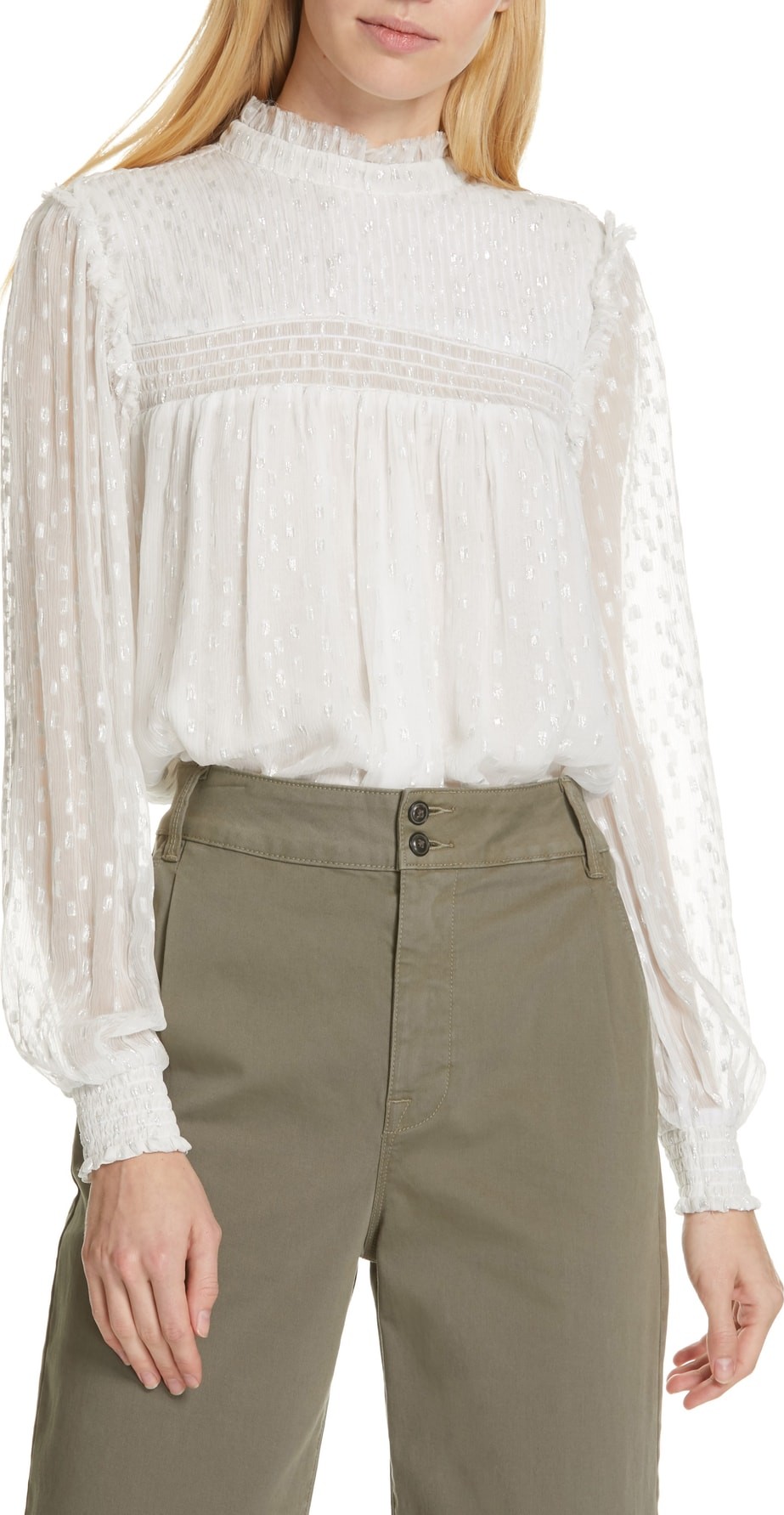 FRAME DENIM Smocked Metallic Woven Blouse