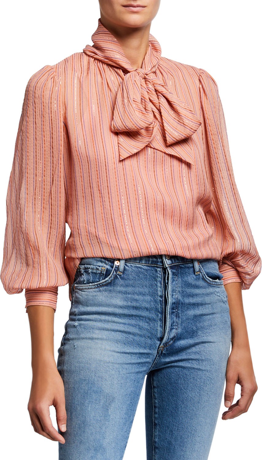 Rebecca Taylor Long-Sleeve Metallic Stripe High-Neck Top