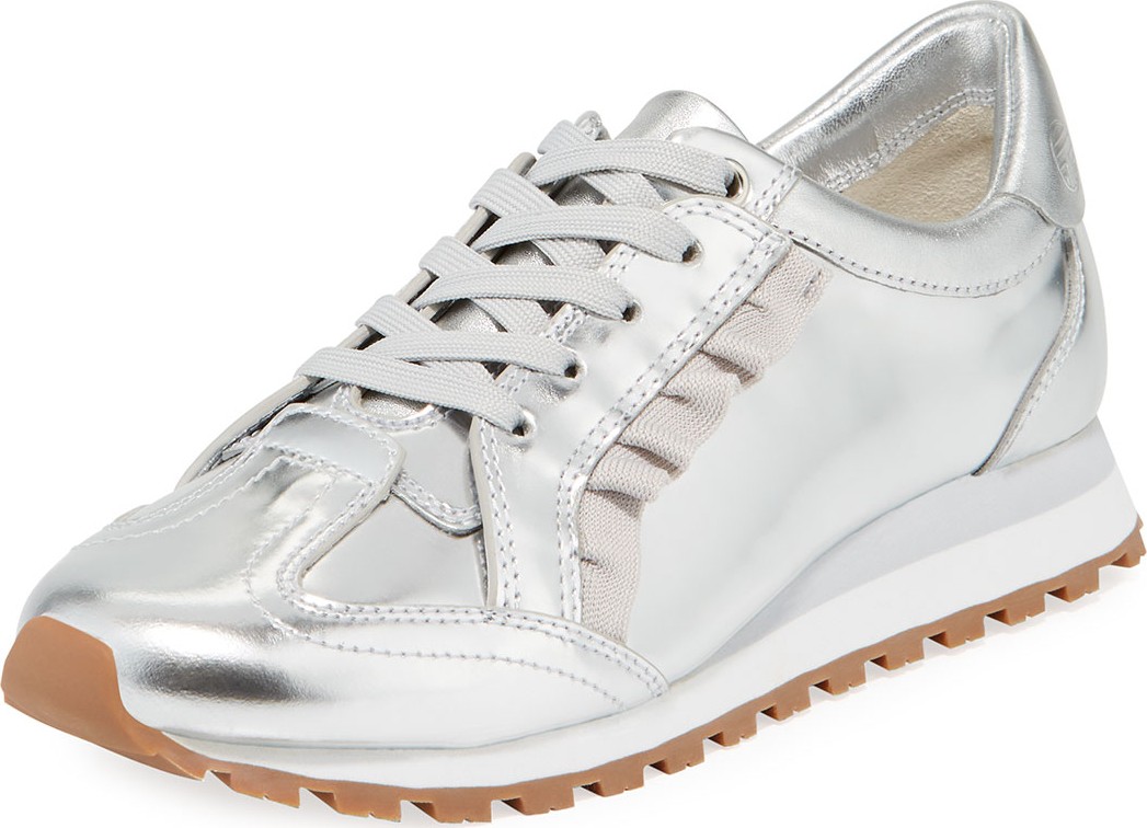 Tory Sport Ruffled Metallic Leather Trainer Sneakers