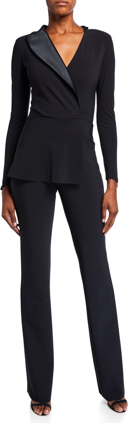 La Petite Robe di Chiara Boni Satin Lapel Long-Sleeve Peplum Jumpsuit