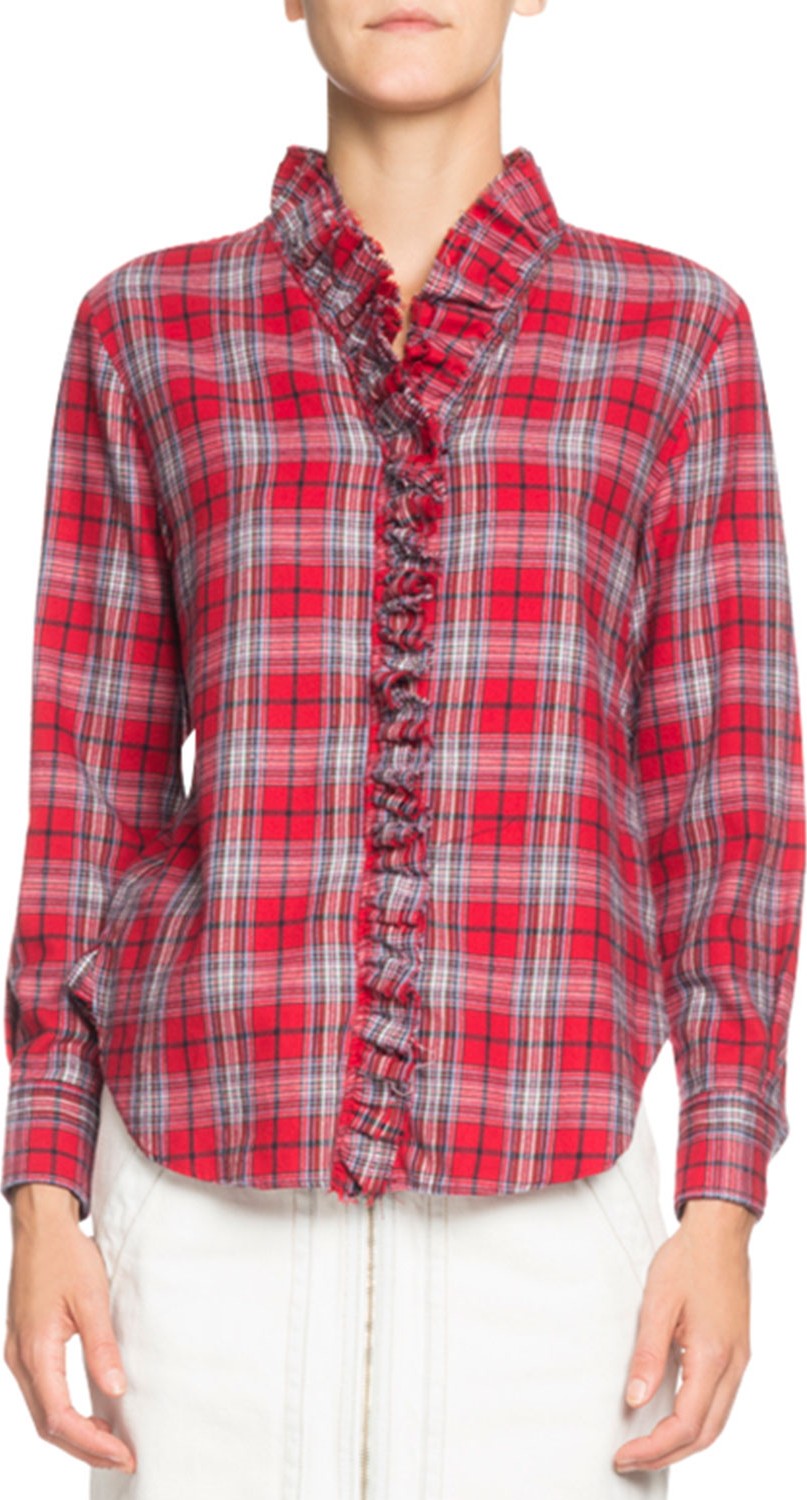 Isabel Marant Etoile Dawendy Ruffle Plaid Long-Sleeve Shirt