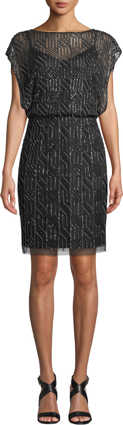 Aidan Mattox Geometric Beaded Short-Sleeve Blouson Dress