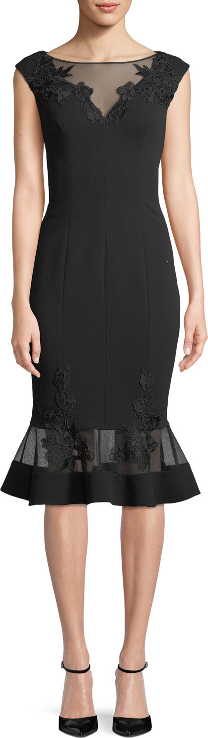 Aidan Mattox Illusion Cap-Sleeve Mermaid Dress