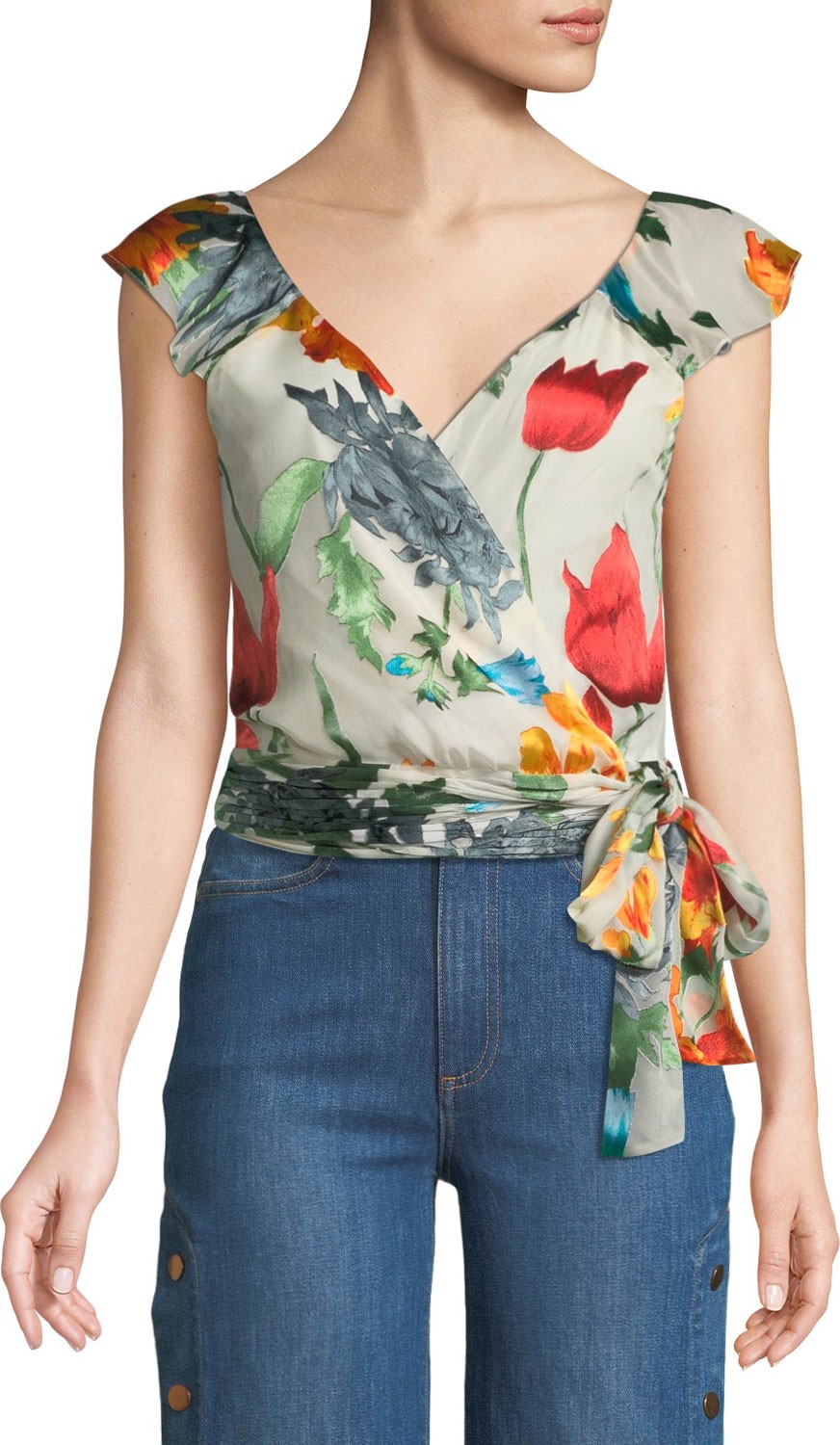 Alice + Olivia Nicole Floral-Print Cold-Shoulder Wrap Top