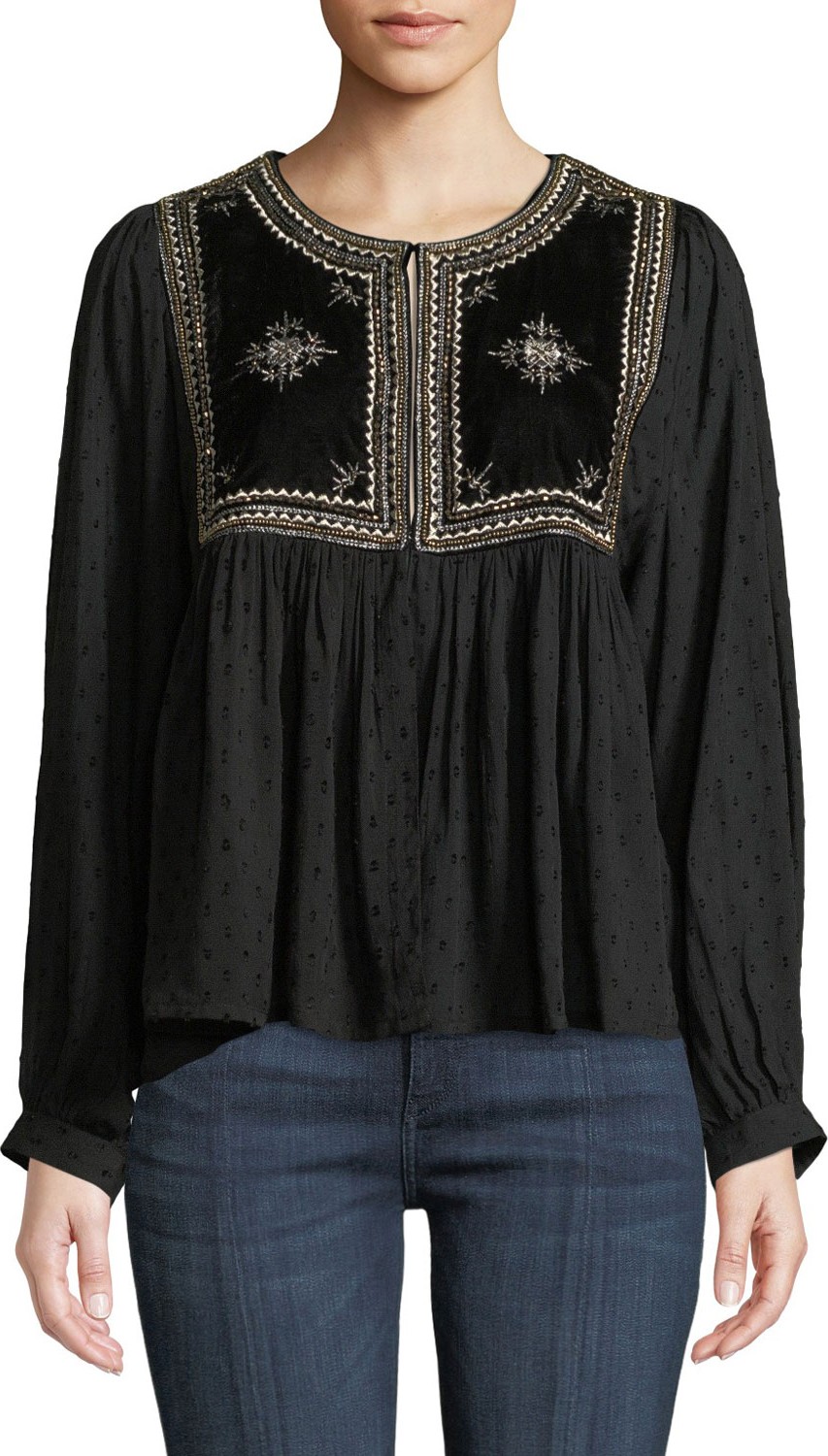 Velvet By Graham & Spencer Embroidered Hook-Front Long-Sleeve Top