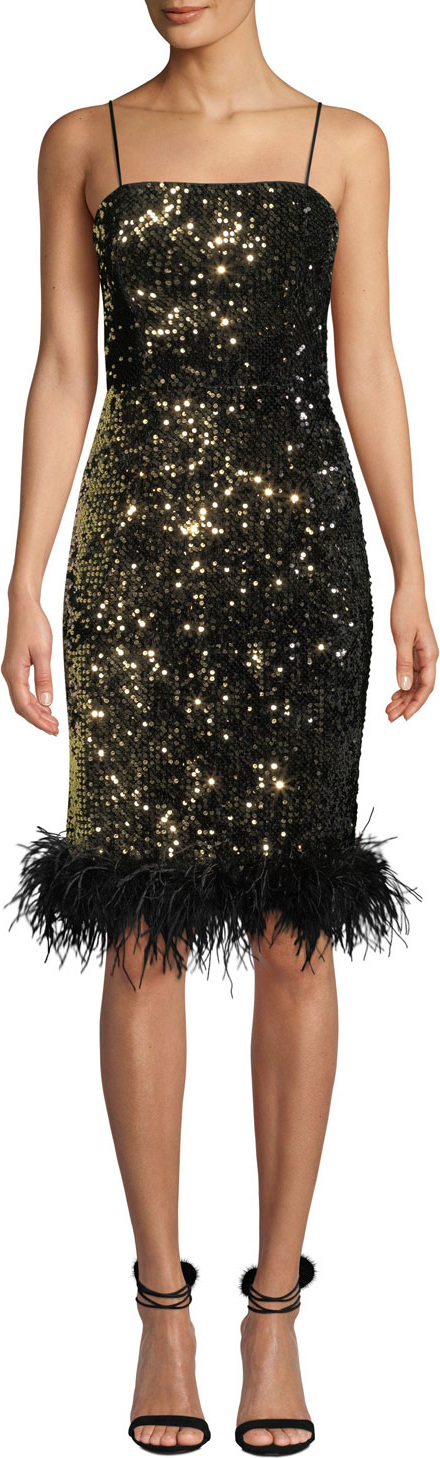 MILLY Elle Sequin Velvet Feather-Hem Dress
