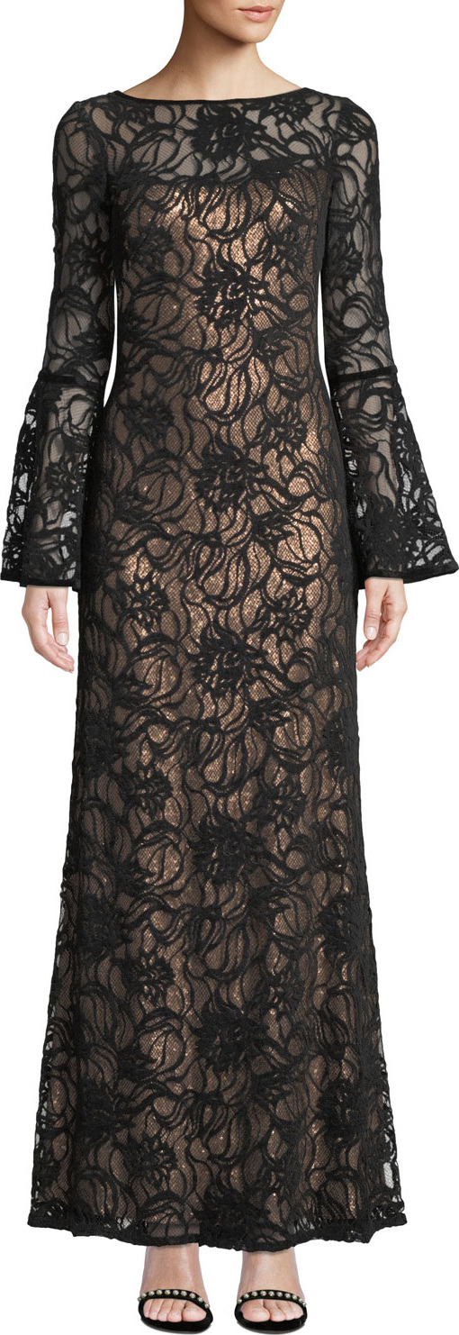 Tadashi Shoji Bell-Sleeve Velvet & Sheer Lace Gown