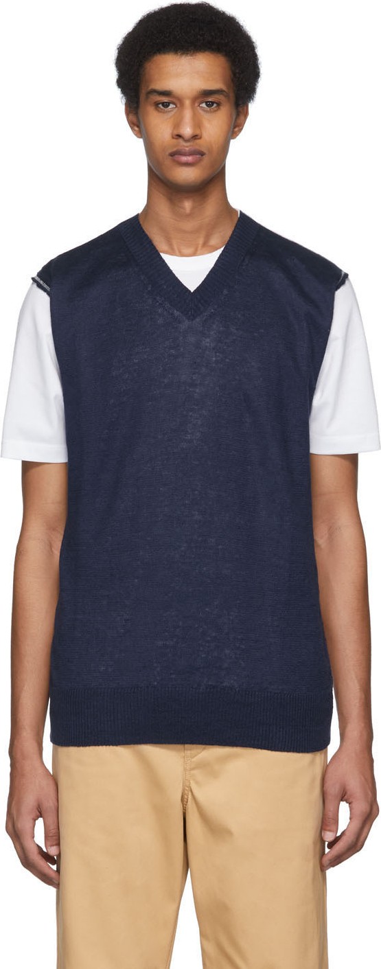 Junya Watanabe Navy & White Linen & Cotton T-Shirt