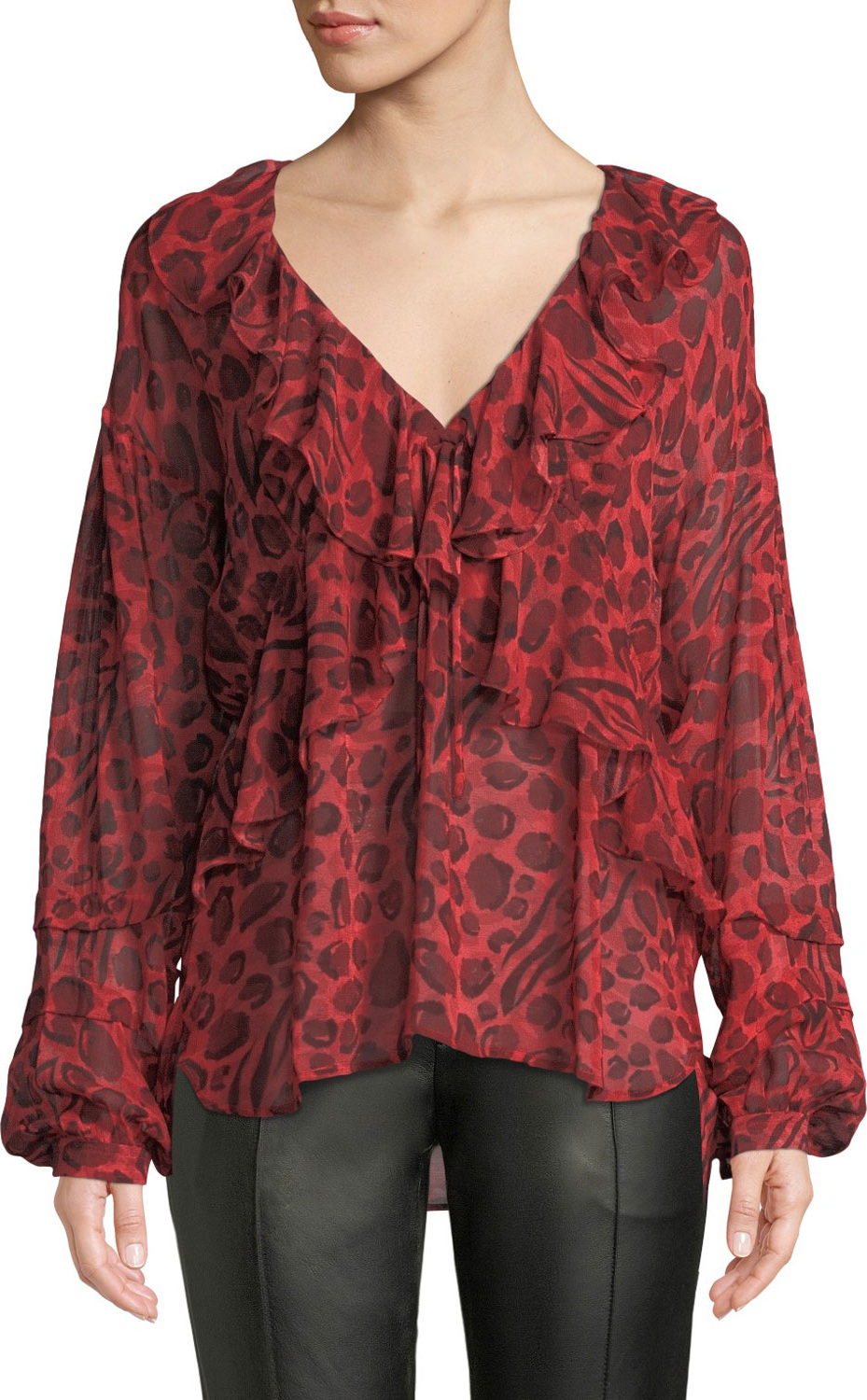 IRO Realize Animal-Print Ruffle Long-Sleeve Top