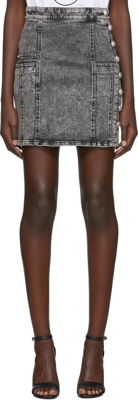 Balmain Black Denim High Waist Button Miniskirt