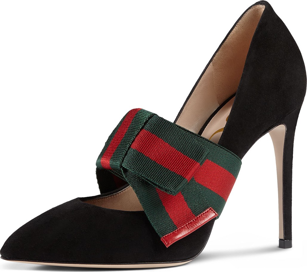 Gucci Sylvie Suede Web Mary Jane Pumps, Black