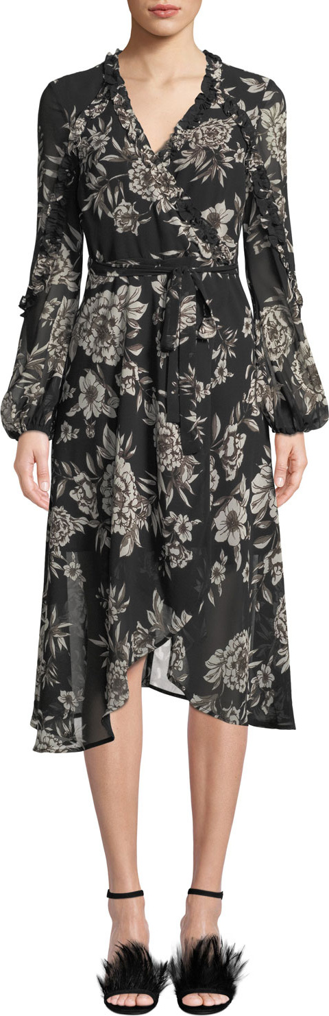 Bardot Blouson-Sleeve Floral-Print Faux-Wrap Dress