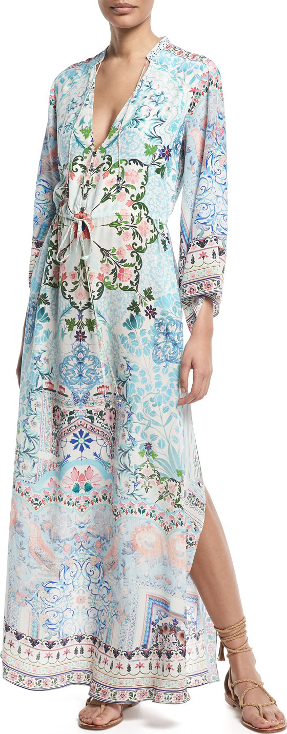 Camilla Printed Drawstring Long-Sleeve Silk Maxi Dress