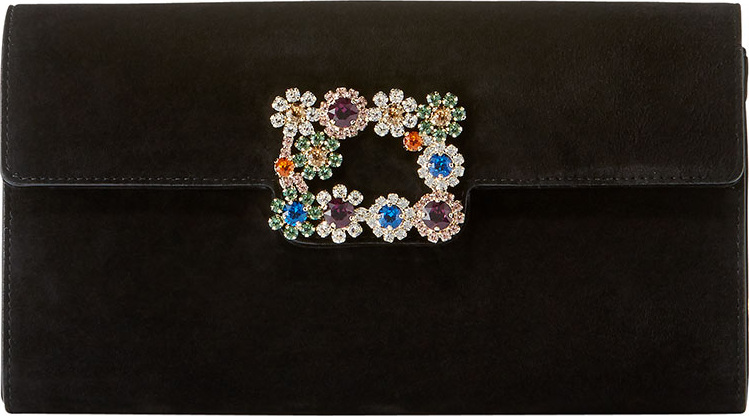 Roger Vivier Floral Crystal-Buckle Suede Envelope Clutch Bag