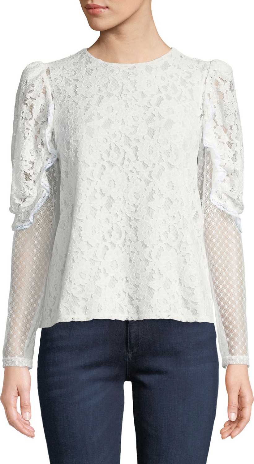 See By Chloé Long-Sleeve Lace Ruffle Crewneck Blouse
