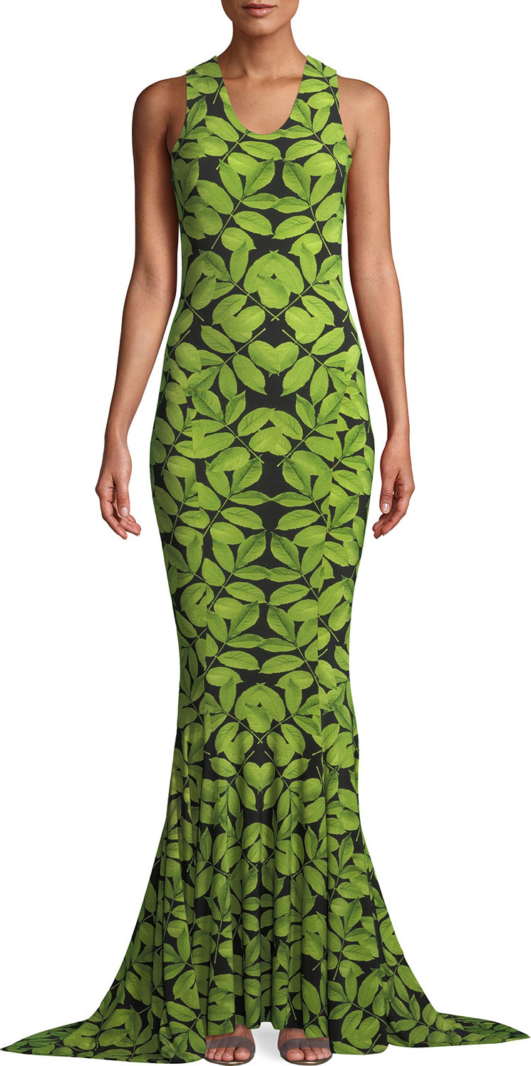 Norma Kamali MJ Racer Fishtail Gown in Leaf Print