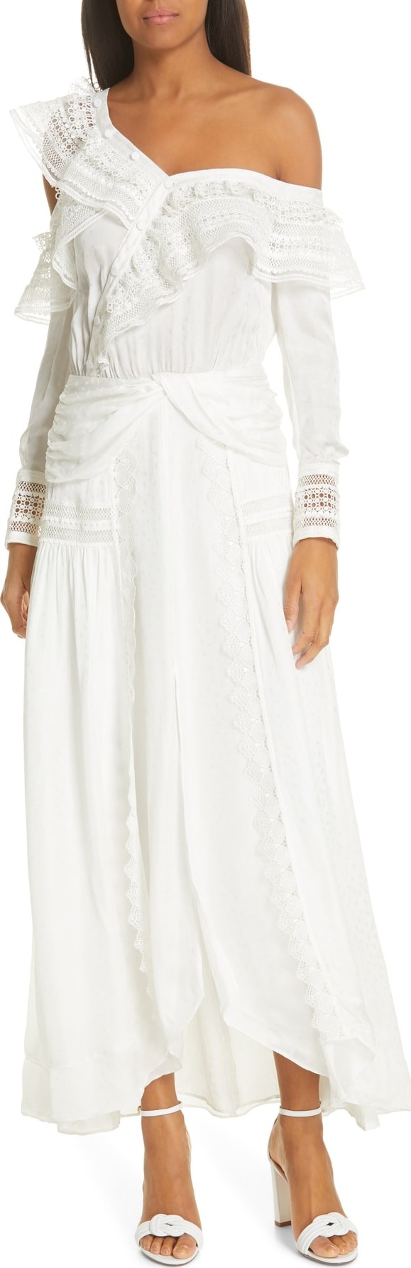 Self Portrait Frill Long Sleeve One-Shoulder Maxi Dress