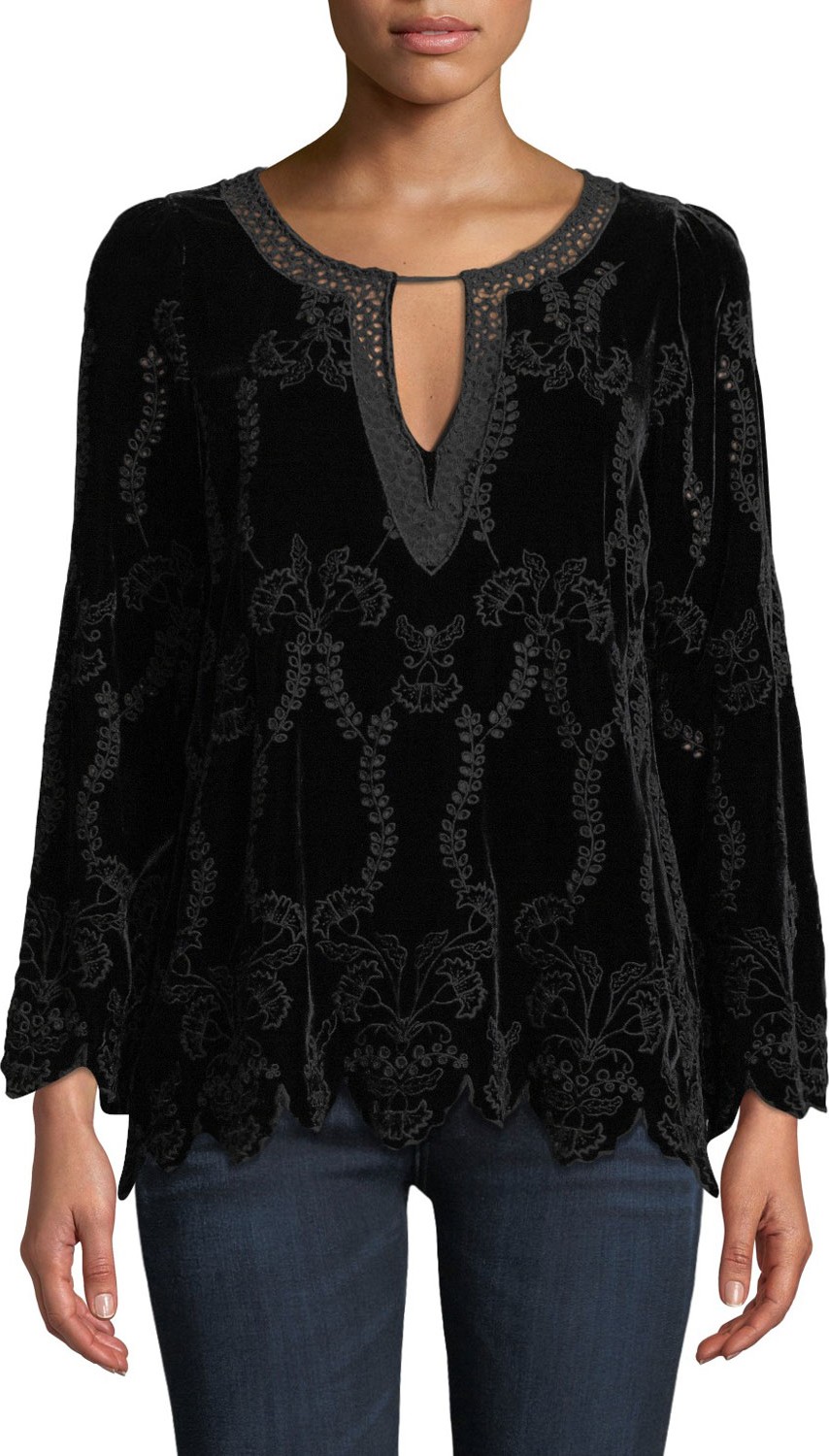 Johnny Was Long-Sleeve Embroidered Velvet Blouse
