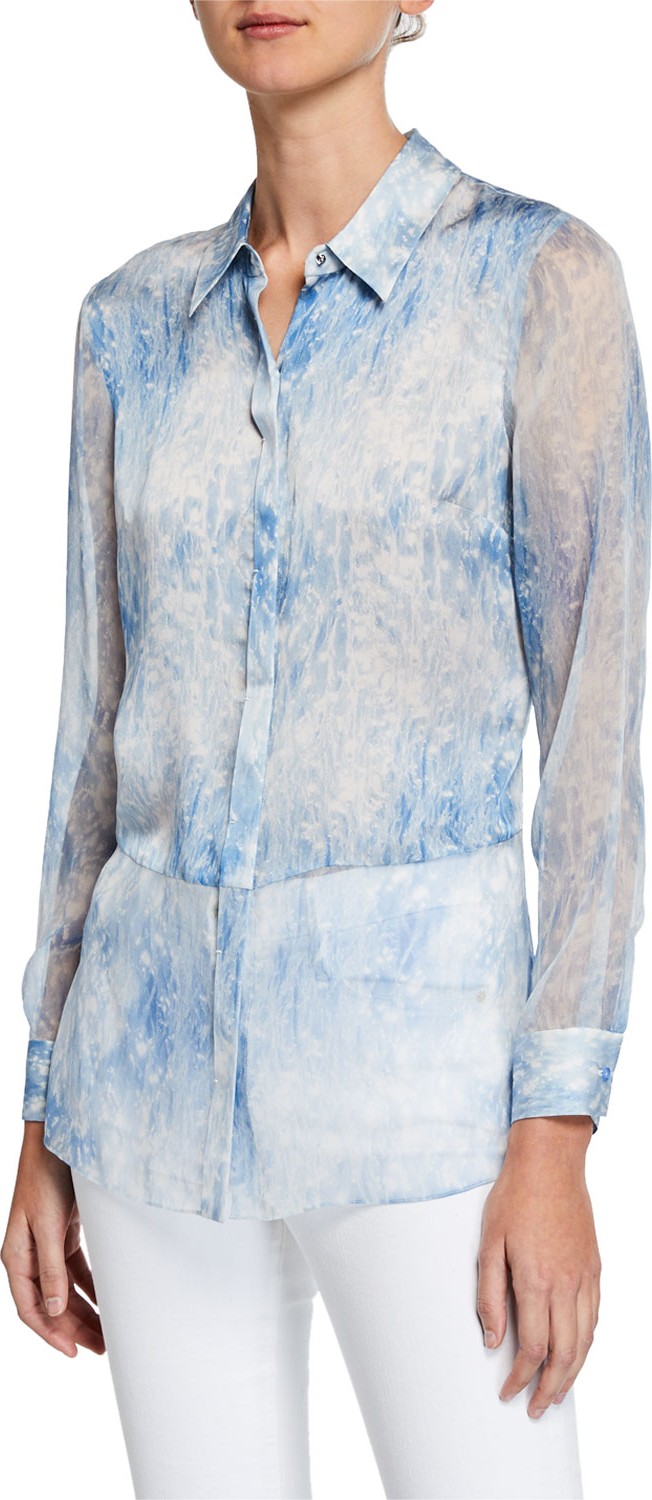 Elie Tahari Nailah Tie-Dye Button-Down Long-Sleeve Silk Blouse Elie Tahari Nailah Tie-Dye Button-Down Long-Sleeve Silk Blouse