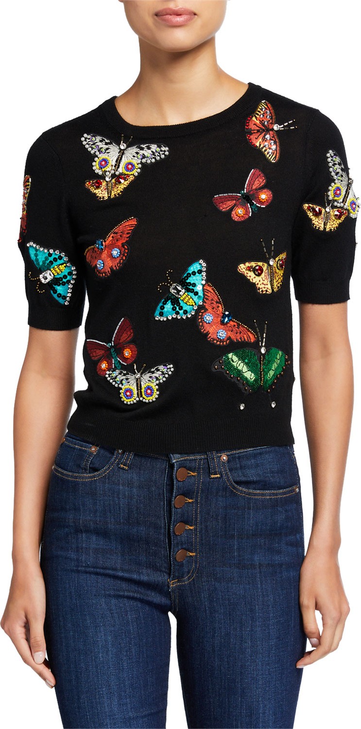 Alice + Olivia Ciara Butterfly-Embellished Short-Sleeve Sweater