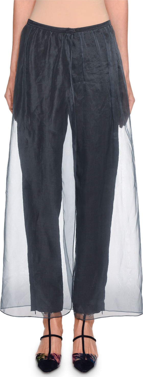 Giorgio Armani Silk-Trim Silk Pants w/ Organza Overlay