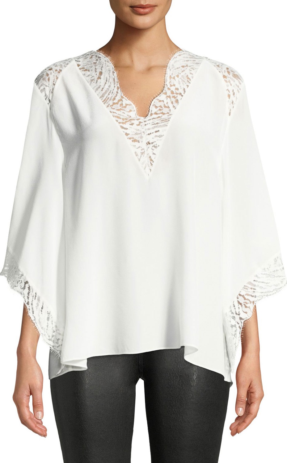 IRO Hawlk Silk Kimono-Sleeve Top with Lace