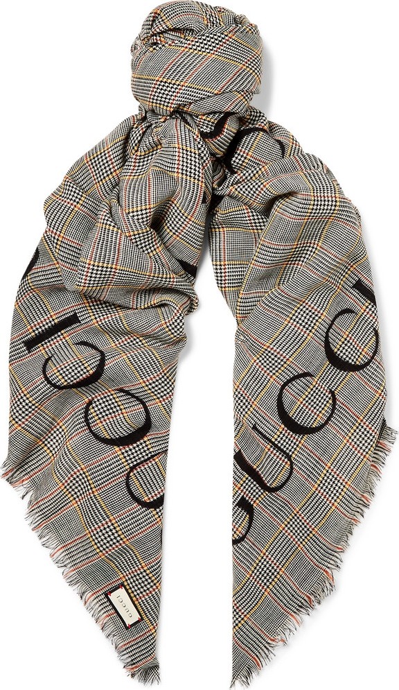 Gucci Fringed Logo-Print Prince of Wales Checked Wool Scarf