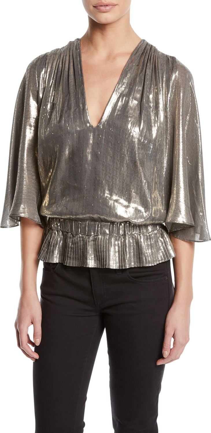 Ramy Brook Tonya Metallic Peplum Short-Sleeve Top