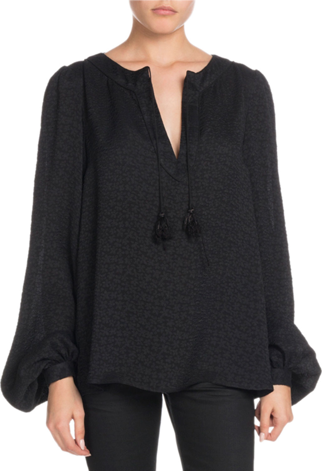 Saint Laurent Split-Neck Long-Sleeve Boho Blouse with Tassel Ties