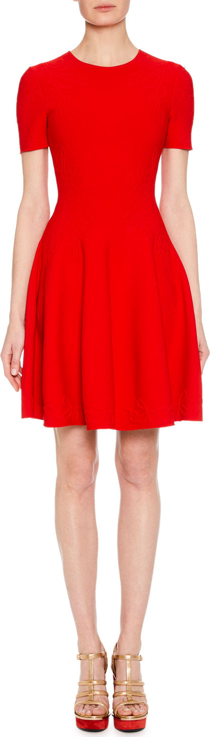 Alexander McQueen Short-Sleeve Fit-and-Flare Floral-Embossed Short Dress