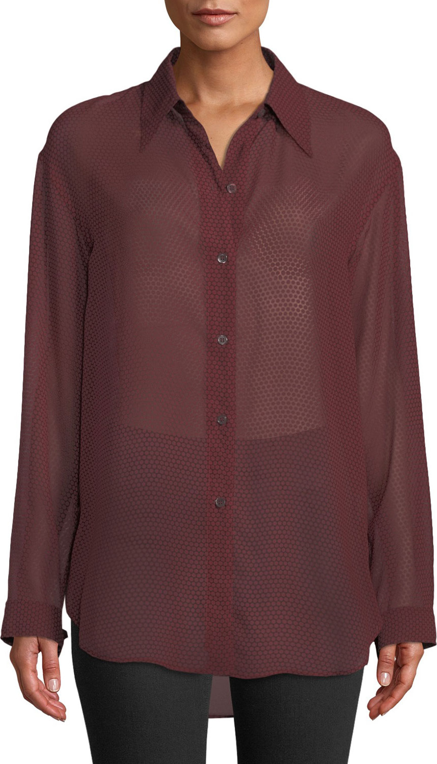 Theory Weekender Button-Front Long-Sleeve Dotted Chiffon Blouse