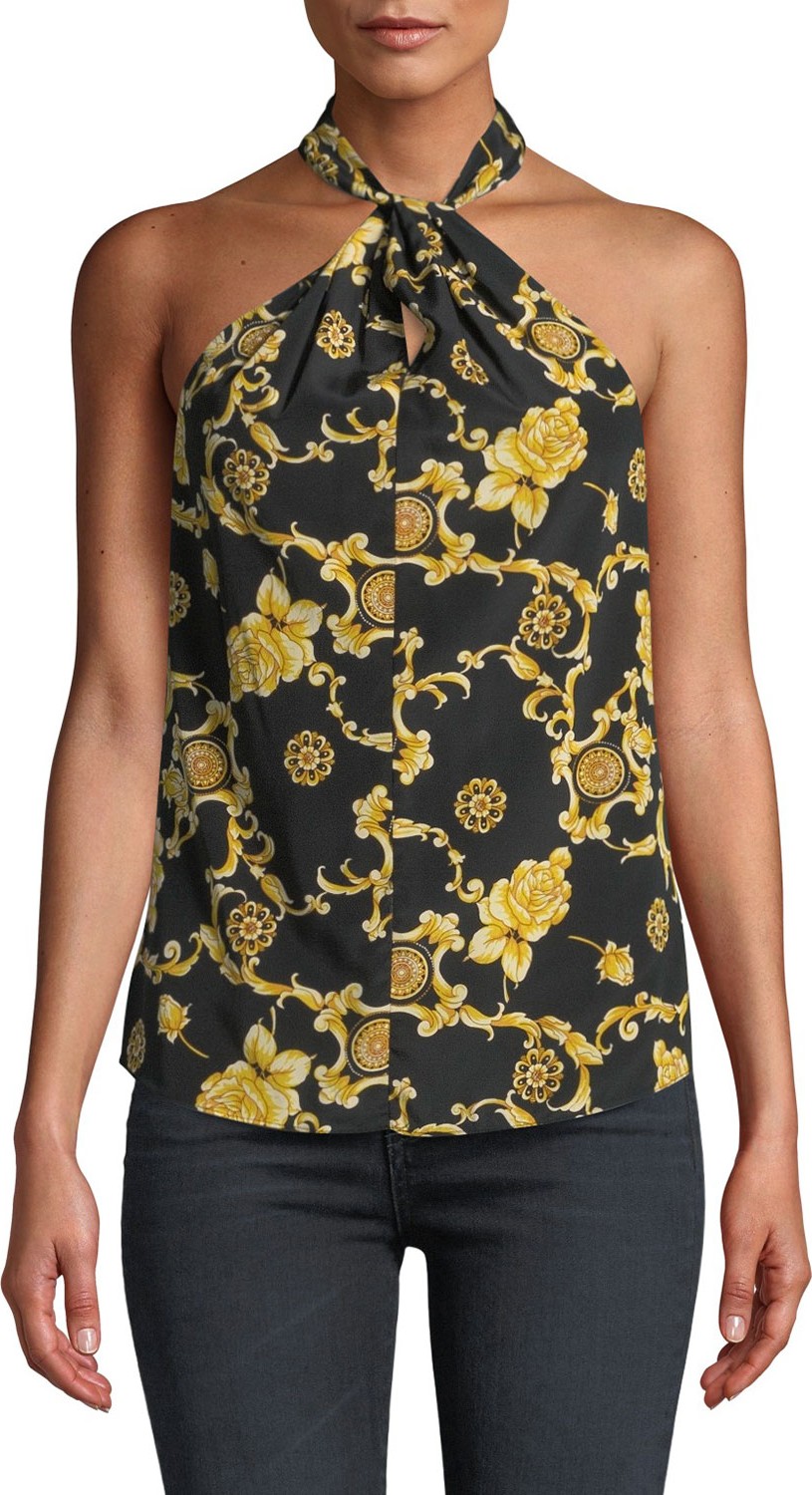 Veronica Beard Adela Printed Silk Keyhole Halter Blouse