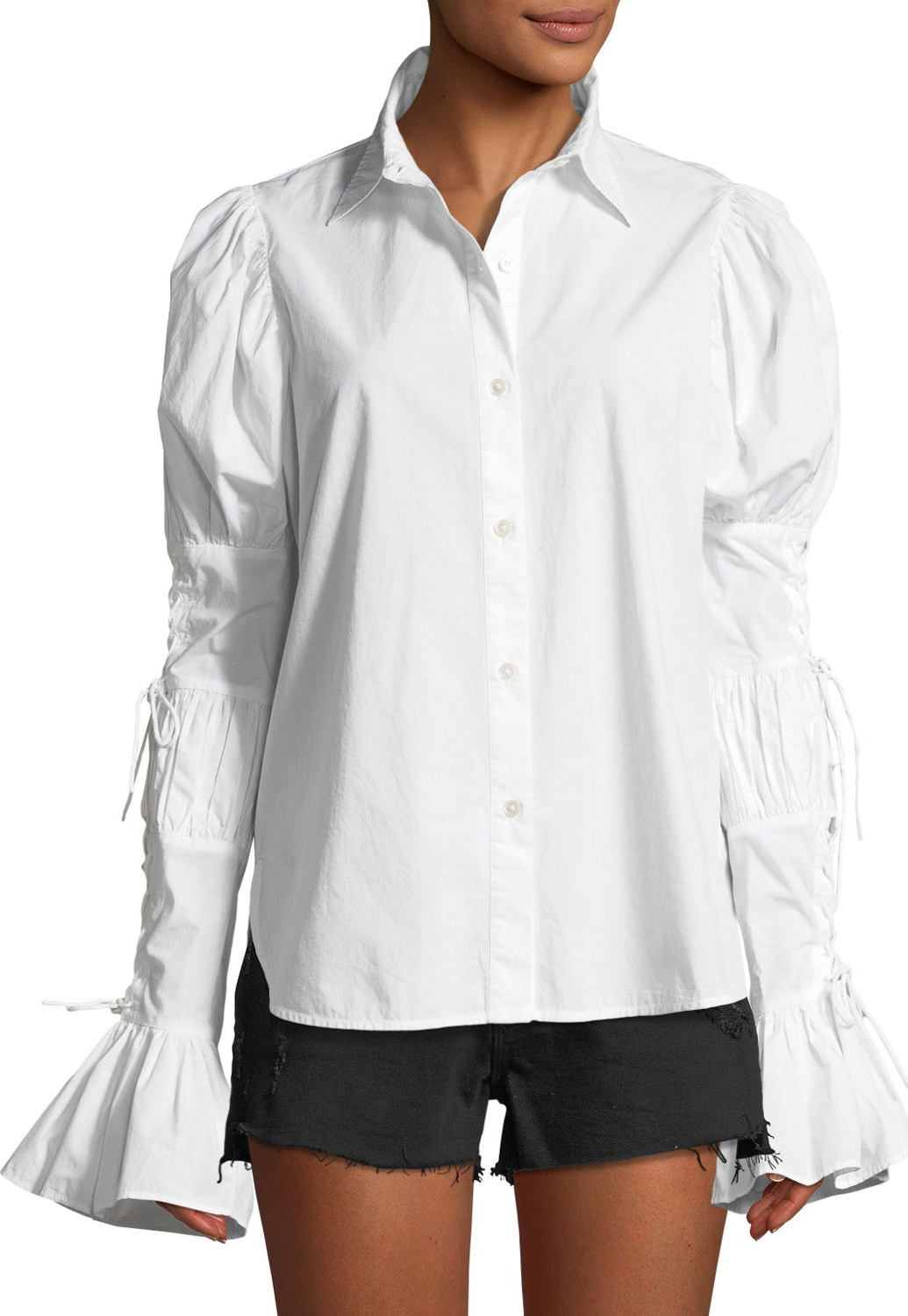 FRAME DENIM Button-Down Lace-Up Sleeve Cotton Shirt