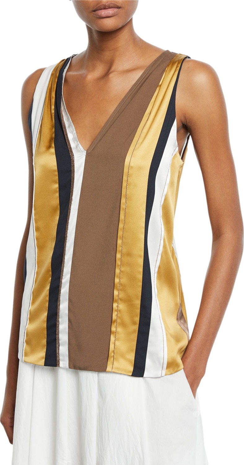 Brunello Cucinelli V-Neck Sleeveless Striped Paneled Top w/ Monili Trim