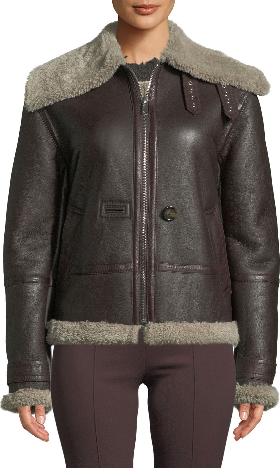Helmut Lang Aviator Leather Zip-Front Jacket with Shearling Trim